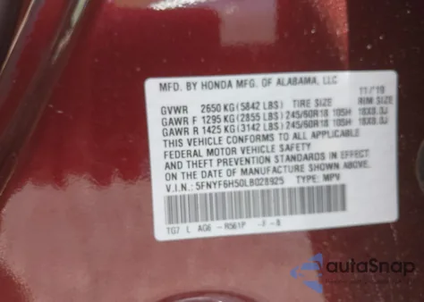 2020 Honda Pilot Awd Ex-L из США, поврежденный, VIN 5FNYF6H50LB028925